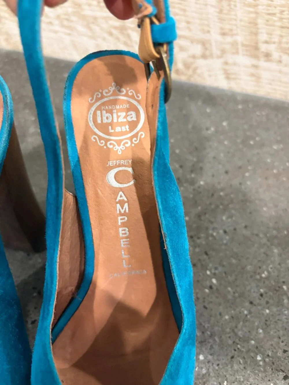 Jeffrey Campbell Ibiza Friend Blue Suede Wrapped Platform Natural Wood Heel Sz 8